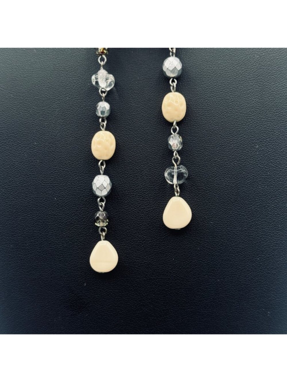 Vintage Lariat Necklace Crystal AB Glass Silver Smoky Cream Neutral BOHO 50" - Picture 3 of 5